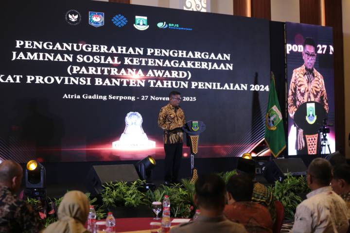 Sambutan hangat dari Gubernur Banten di panggung Paritrana Award. Mengajak semua pihak untuk terus bersinergi demi kesejahteraan pekerja.