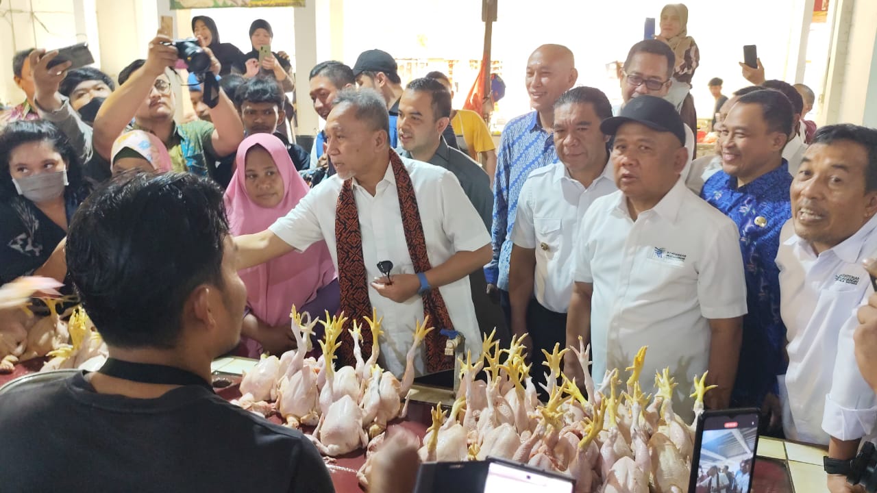 Mendag Zulkifli Hasan saat mengecek harga ayam di pasar Cilegon.