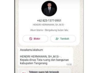 Nomor Penipu yang Catut nama Kadis DTRB Kabupaten Tangerang.
