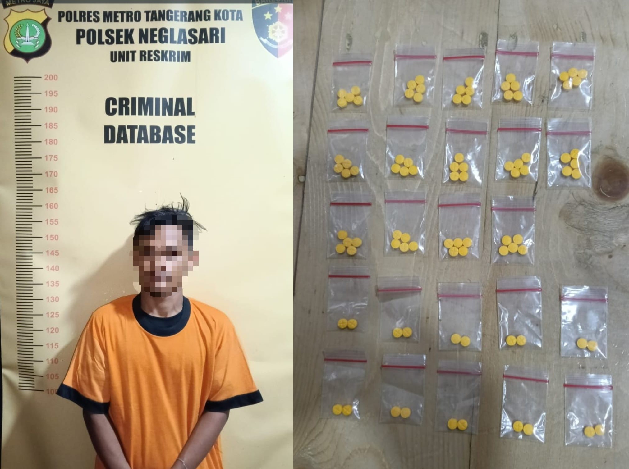 Pemuda berinisial N (21) dan Barang Bukti Obat Keras yang diamankan Polsek Neglasari.