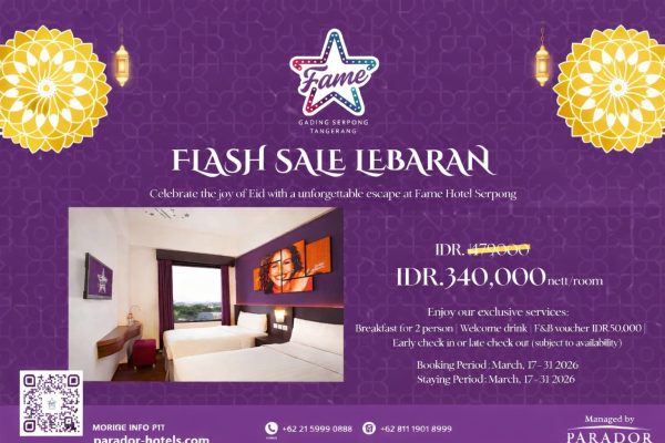 Promo Flash Sale Lebaran Fame Hotel Gading Serpong, tarif mulai Rp340 ribu per malam lengkap sarapan dan fasilitas menarik.