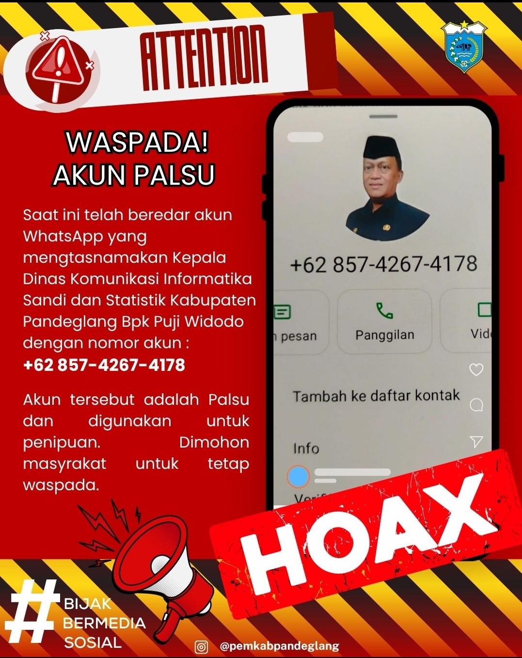 Nomor Akun WhatsApp Aksi pelaku penipuan catut nama kepala Diskomsatik Pandeglang.