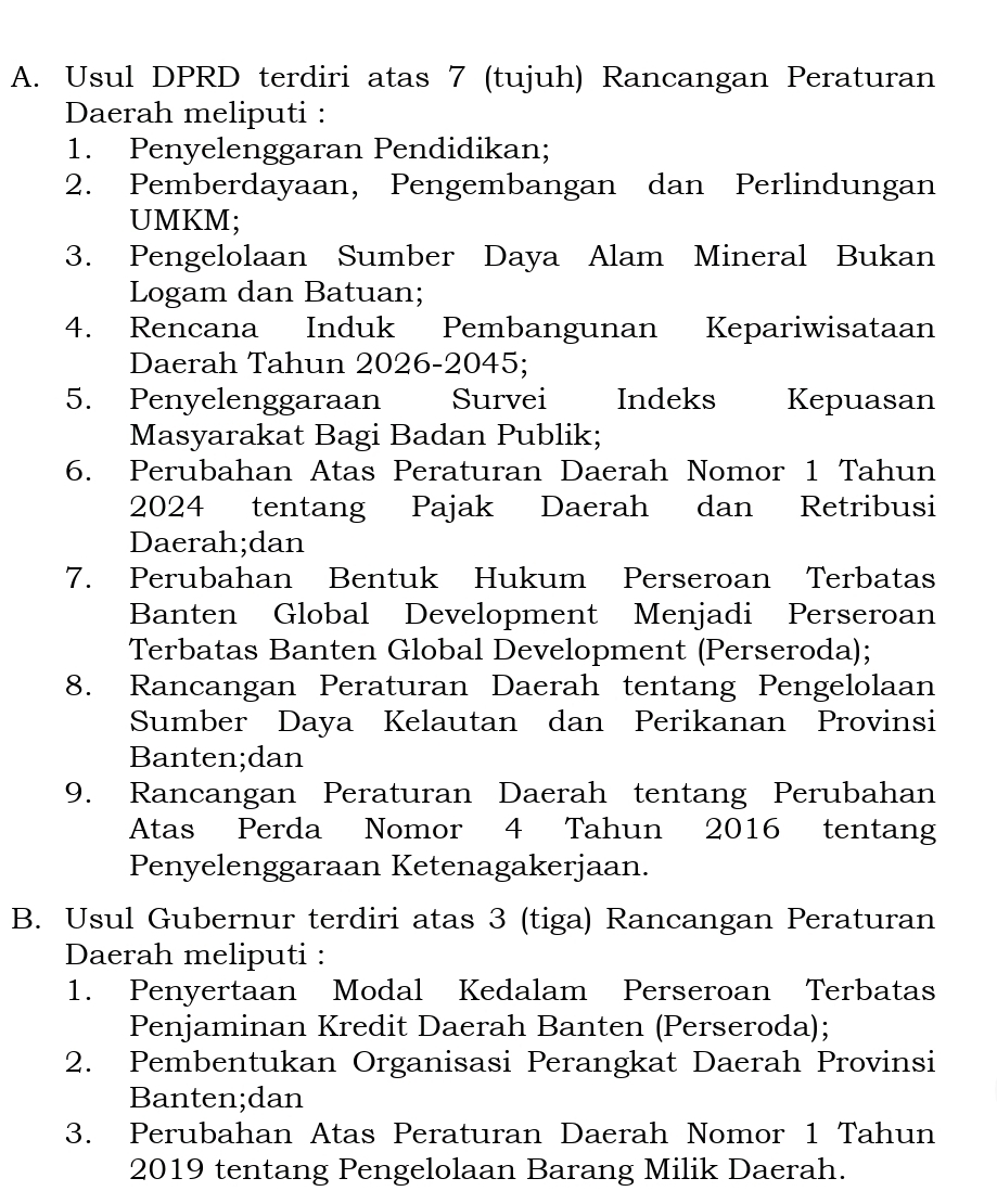12 Rancangan Peraturan Daerah (Raperda) Provinsi Banten.